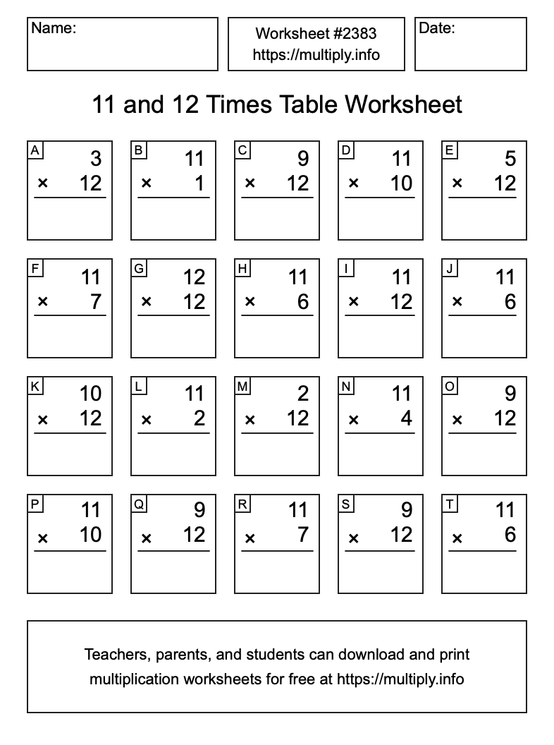 11 and 12 Times Table Worksheet #2383