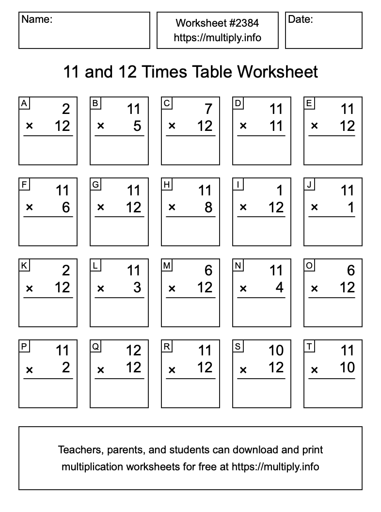 11 and 12 Times Table Worksheet #2384