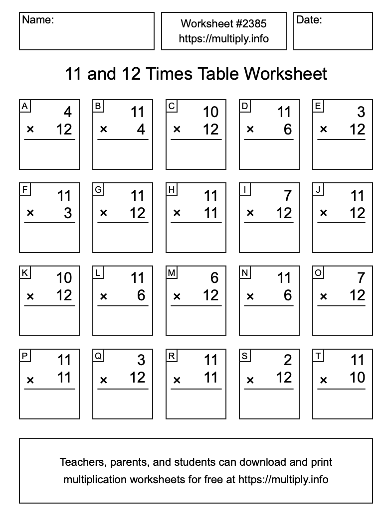 11 and 12 Times Table Worksheet #2385