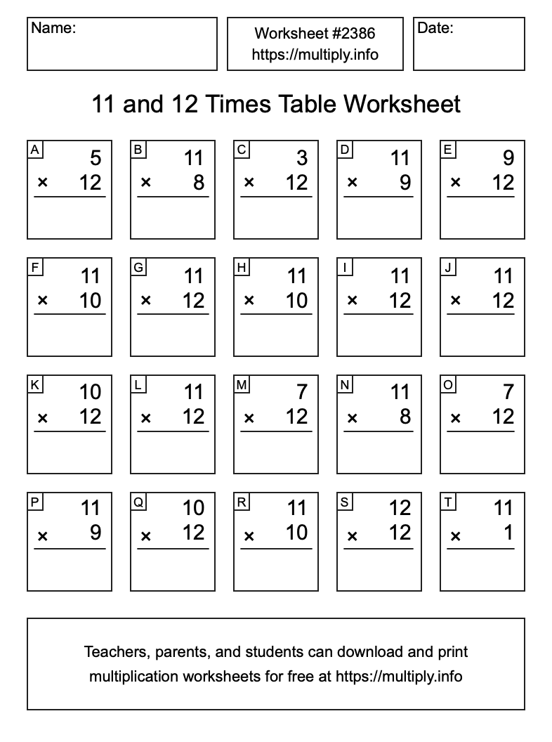11 and 12 Times Table Worksheet #2386