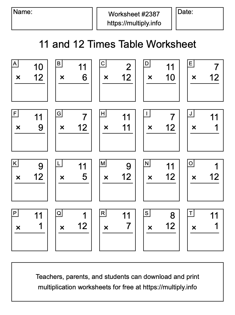 11 and 12 Times Table Worksheet #2387