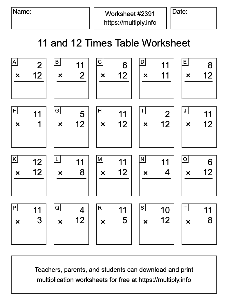 11 and 12 Times Table Worksheet #2391