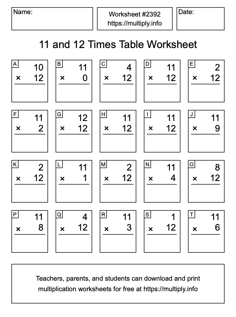 11 and 12 Times Table Worksheet #2392