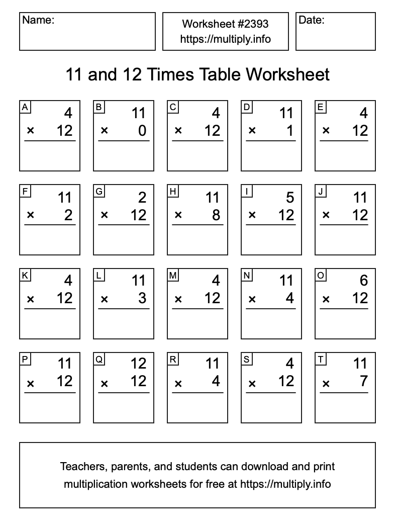 11 and 12 Times Table Worksheet #2393