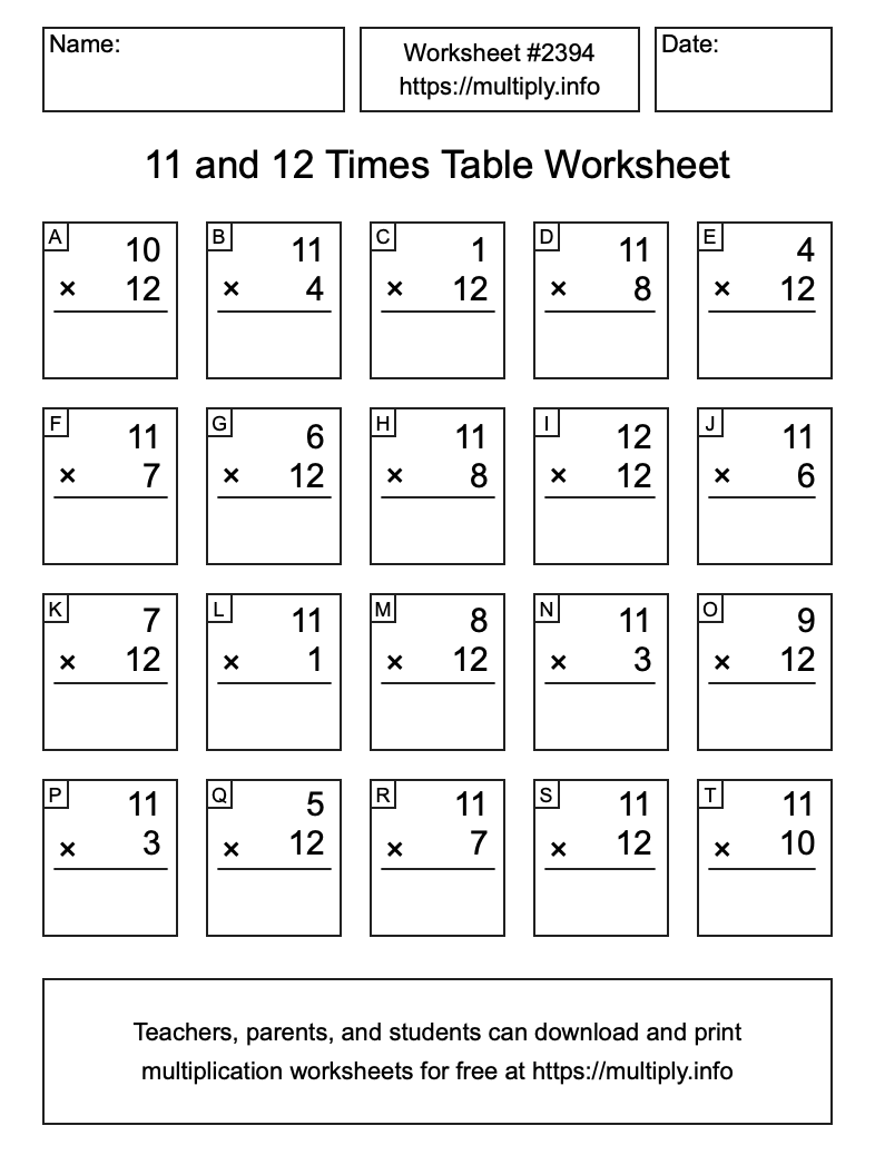 11 and 12 Times Table Worksheet #2394