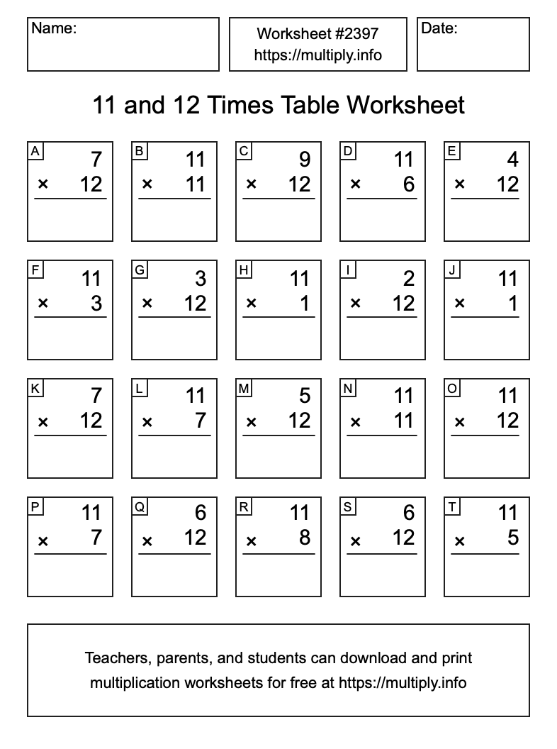 11 and 12 Times Table Worksheet #2397