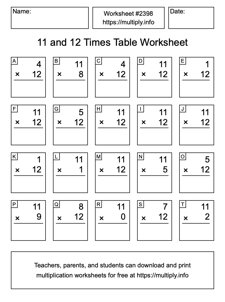 11 and 12 Times Table Worksheet #2398