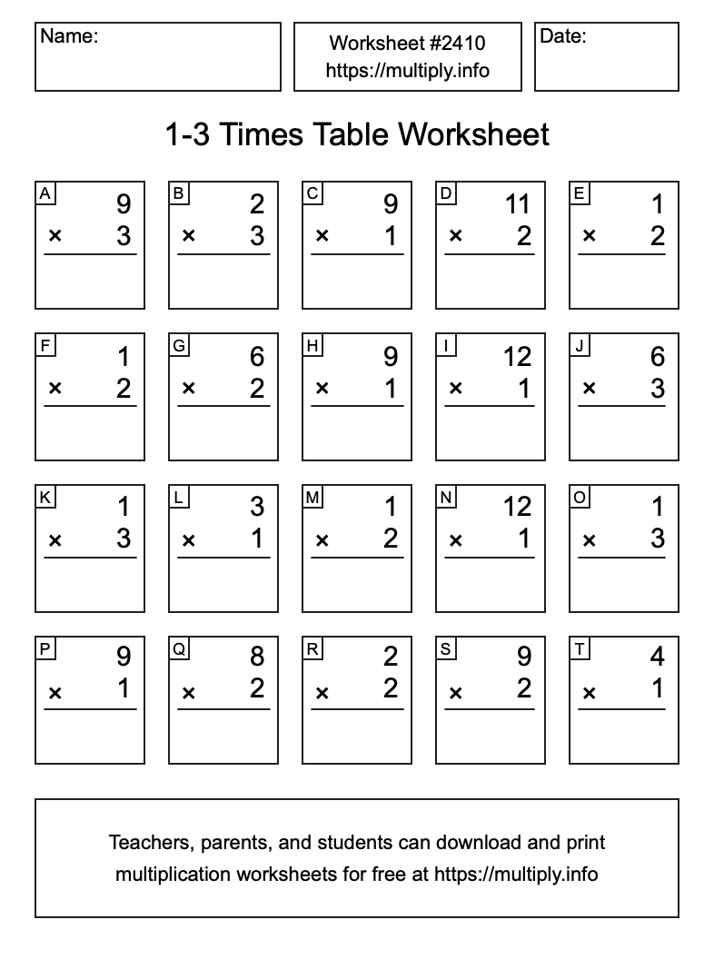 1 to 3 Times Table Worksheet #2410