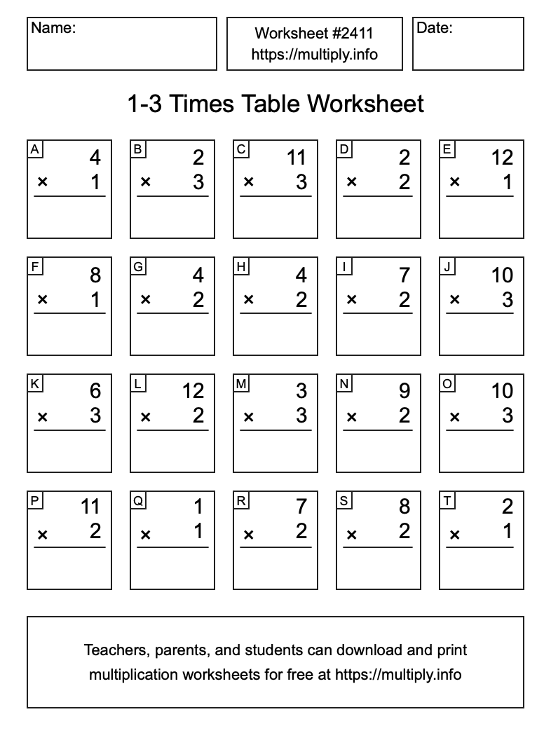 1 to 3 Times Table Worksheet #2411