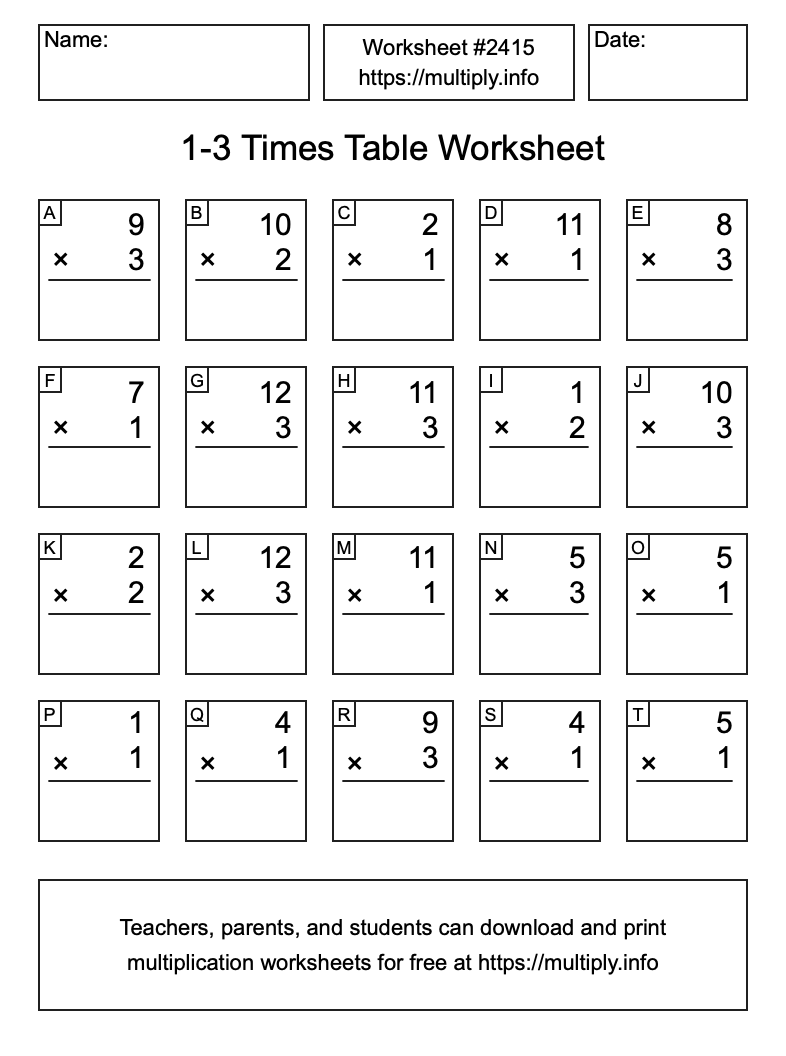 1 to 3 Times Table Worksheet #2415