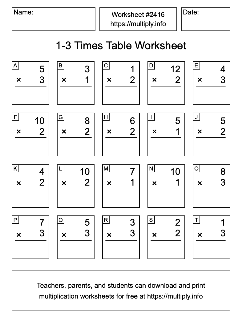 1 to 3 Times Table Worksheet #2416