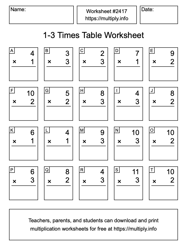 1 to 3 Times Table Worksheet #2417