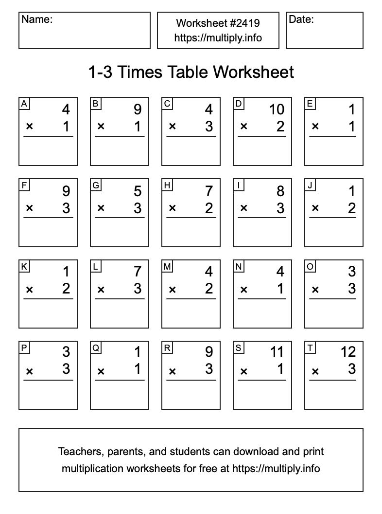 1 to 3 Times Table Worksheet #2419