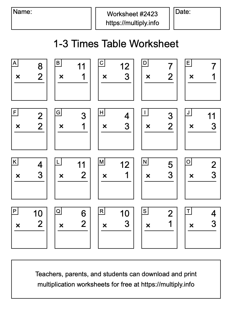 1 to 3 Times Table Worksheet #2423