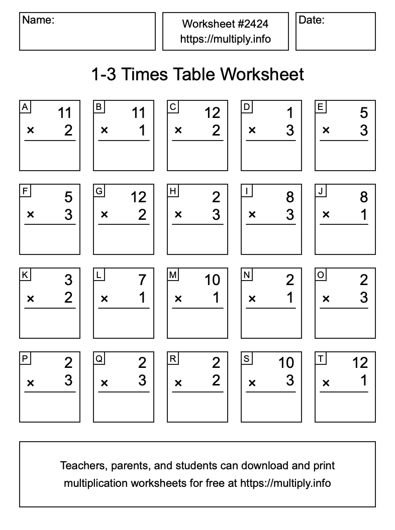 1 to 3 Times Table Worksheet #2424