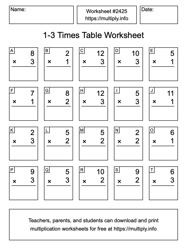 1 to 3 Times Table Worksheet #2425