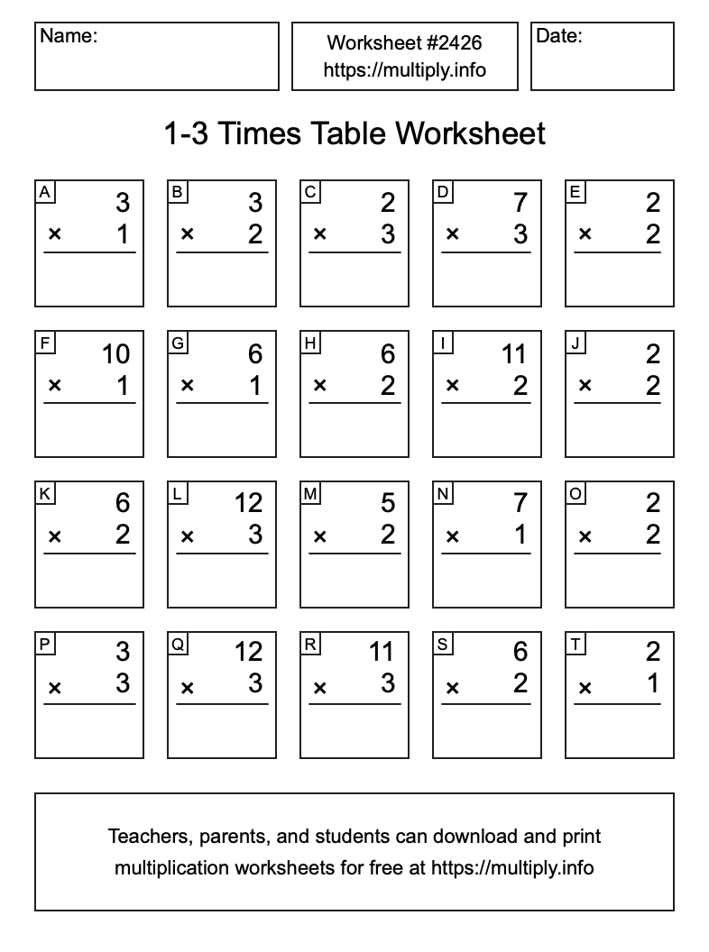 1 to 3 Times Table Worksheet #2426