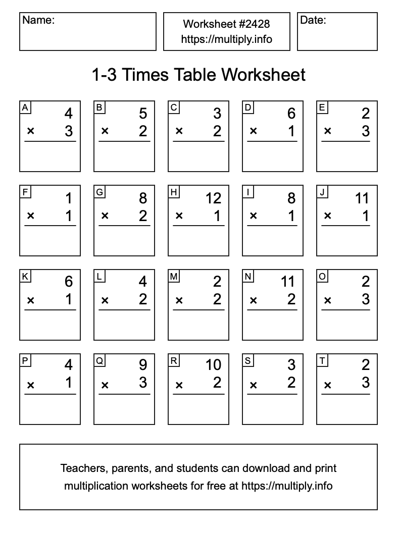 1 to 3 Times Table Worksheet #2428