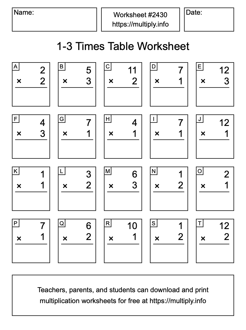1 to 3 Times Table Worksheet #2430