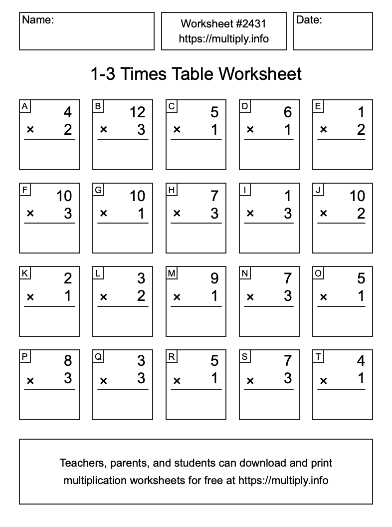 1 to 3 Times Table Worksheet #2431