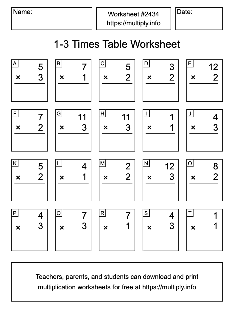 1 to 3 Times Table Worksheet #2434