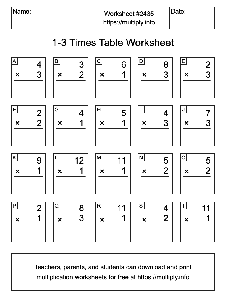 1 to 3 Times Table Worksheet #2435