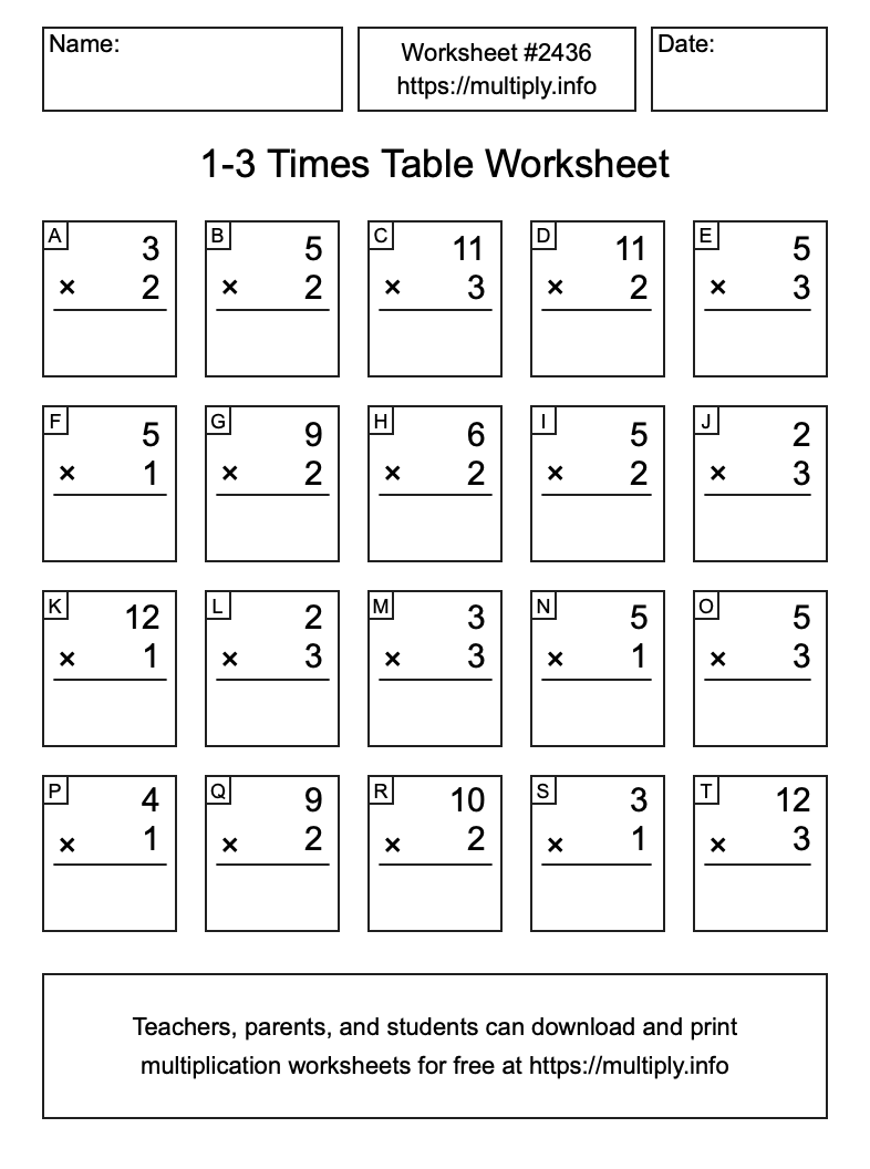 1 to 3 Times Table Worksheet #2436