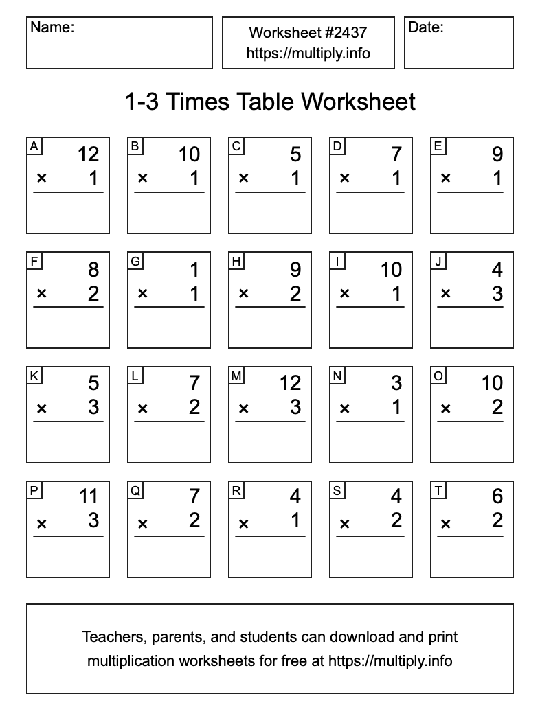 1 to 3 Times Table Worksheet #2437