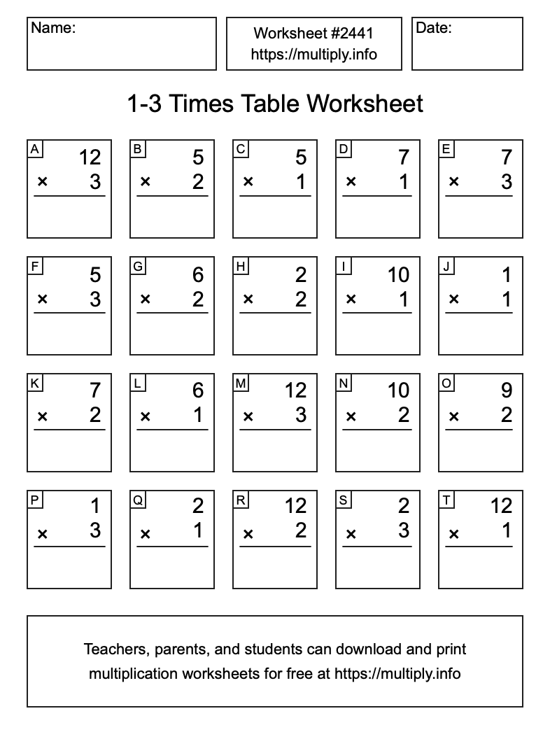 1 to 3 Times Table Worksheet #2441