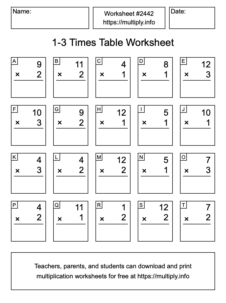1 to 3 Times Table Worksheet #2442