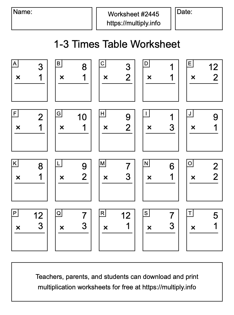 1 to 3 Times Table Worksheet #2445