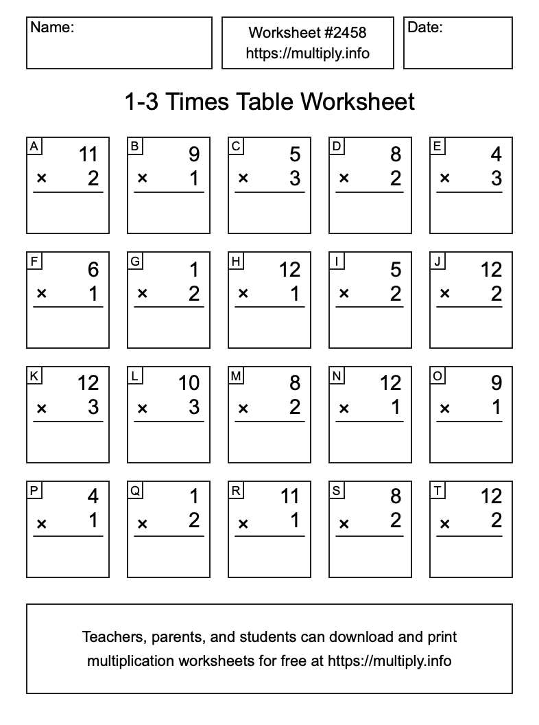 1 to 3 Times Table Worksheet #2458