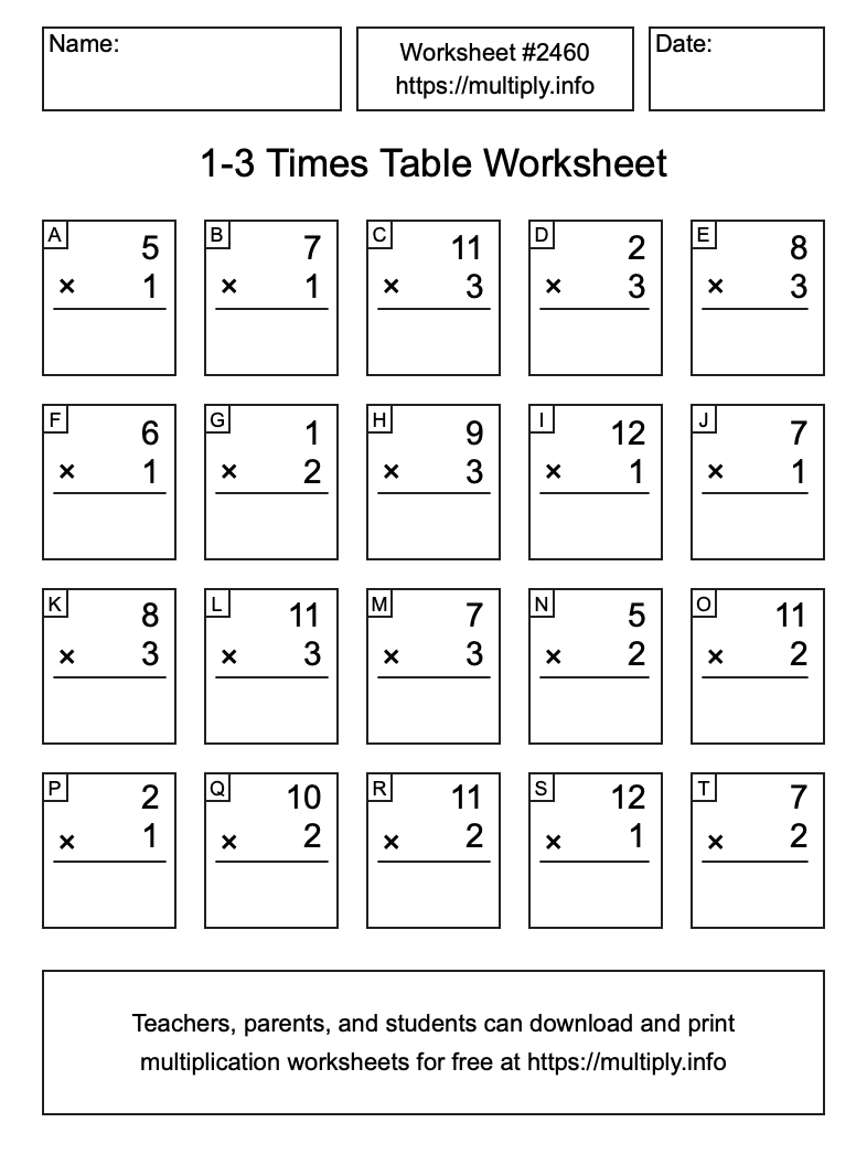 1 to 3 Times Table Worksheet #2460