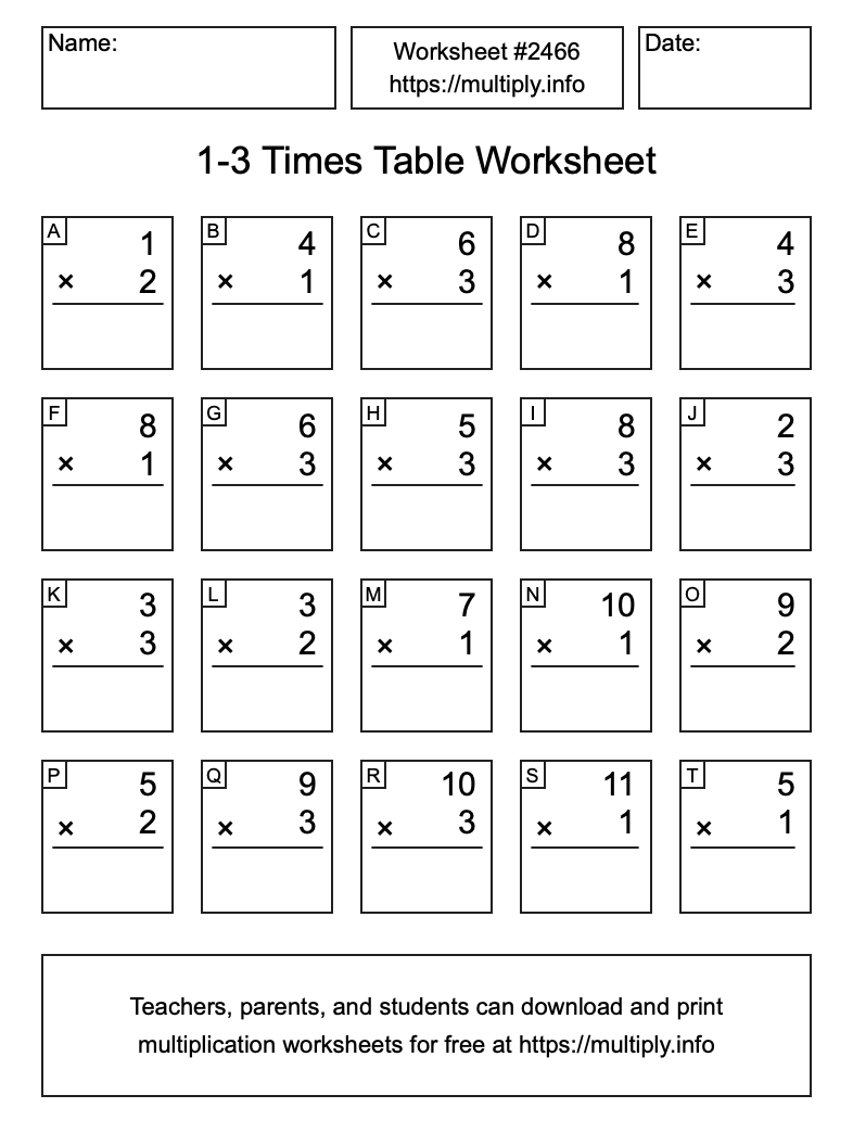 1 to 3 Times Table Worksheet #2466
