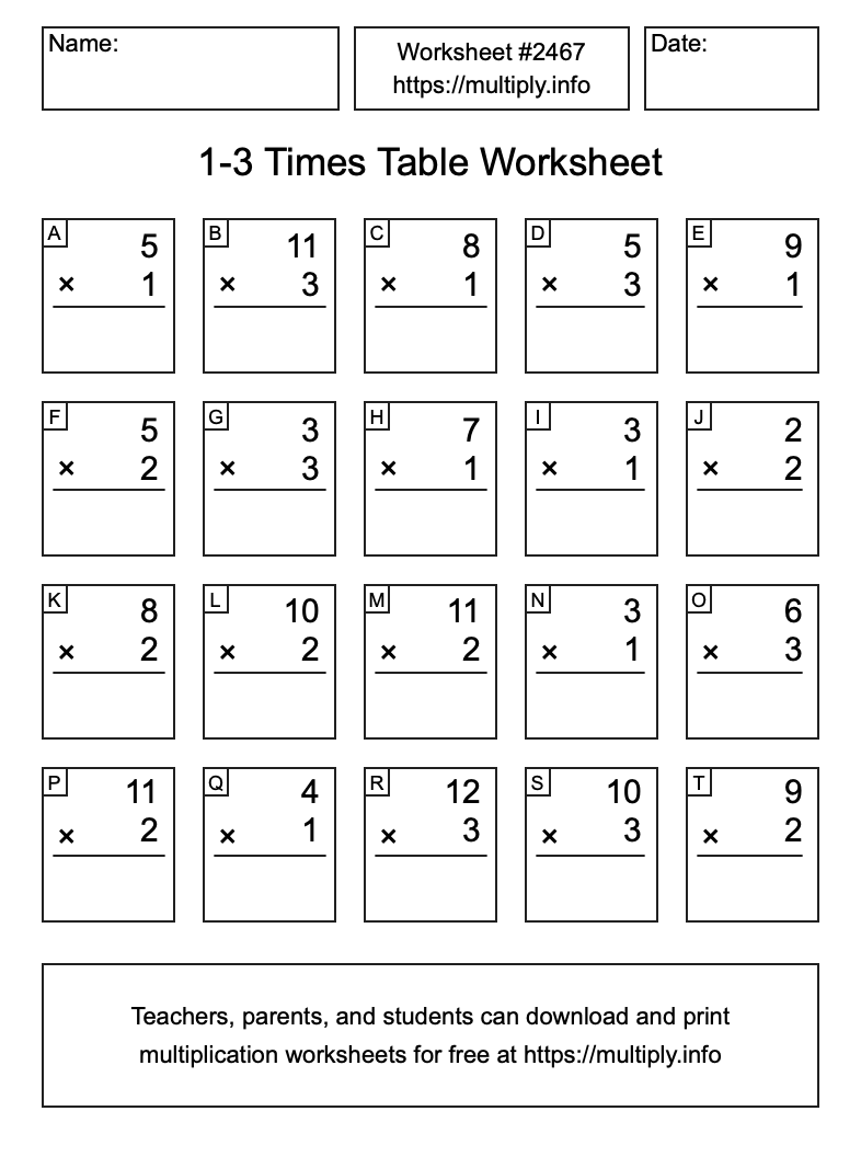 1 to 3 Times Table Worksheet #2467