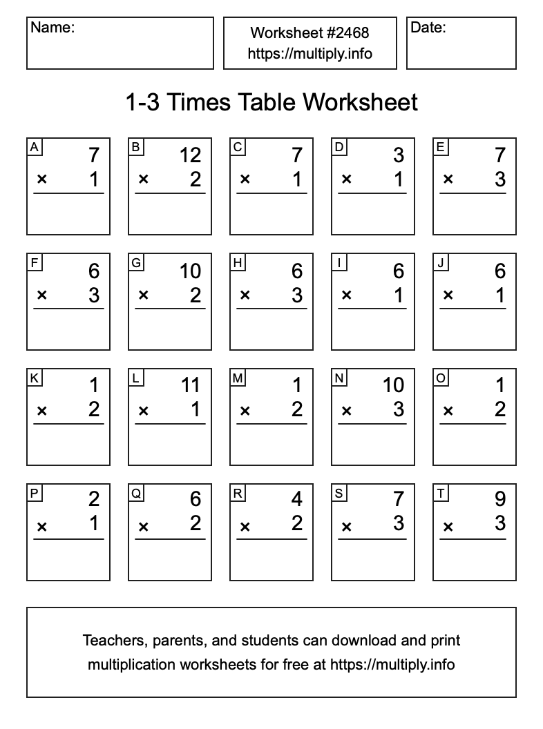 1 to 3 Times Table Worksheet #2468