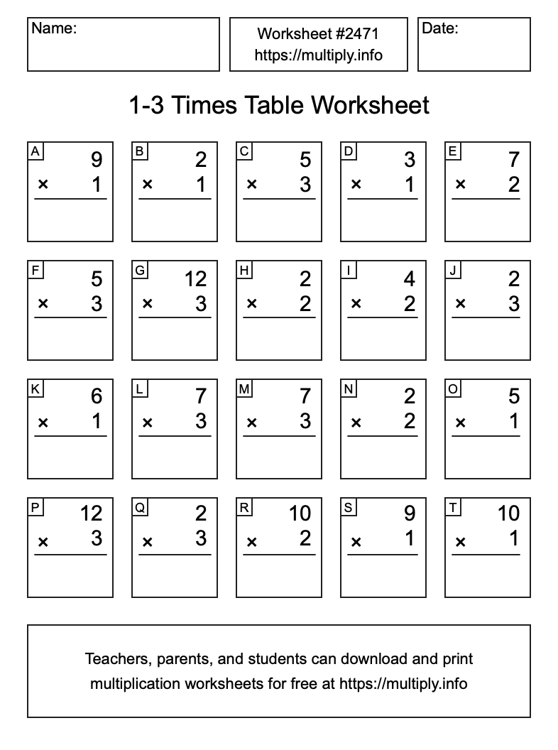 1 to 3 Times Table Worksheet #2471