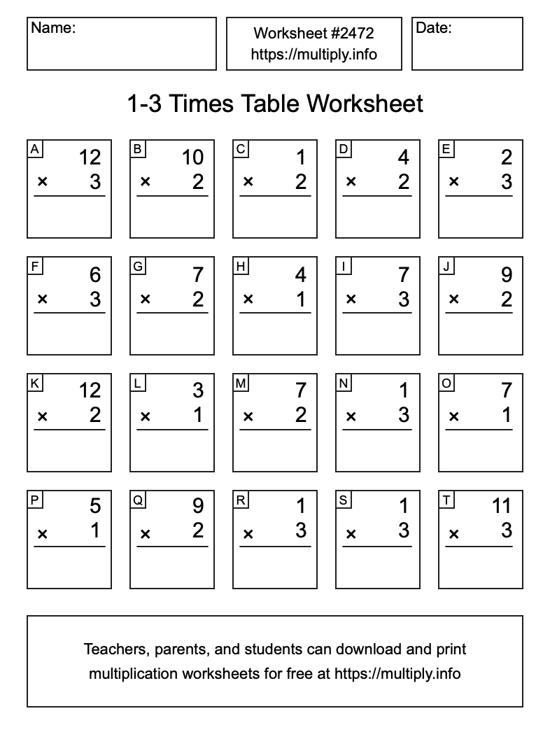 1 to 3 Times Table Worksheet #2472