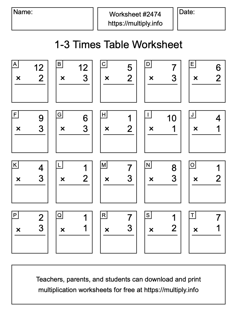 1 to 3 Times Table Worksheet #2474