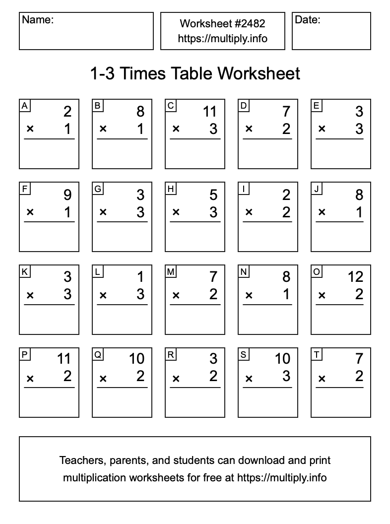 1 to 3 Times Table Worksheet #2482
