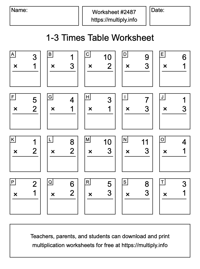 1 to 3 Times Table Worksheet #2487