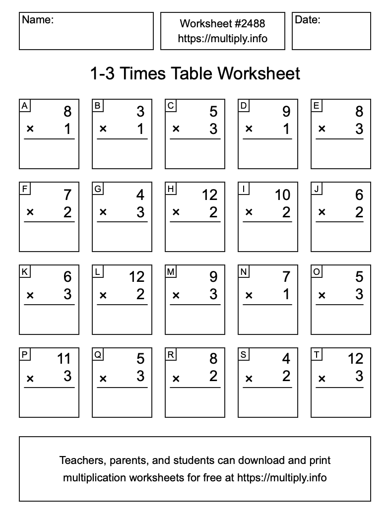 1 to 3 Times Table Worksheet #2488