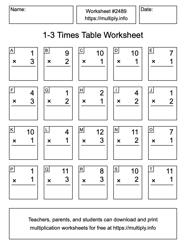 1 to 3 Times Table Worksheet #2489