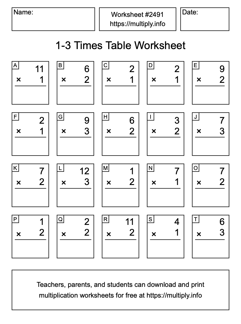 1 to 3 Times Table Worksheet #2491