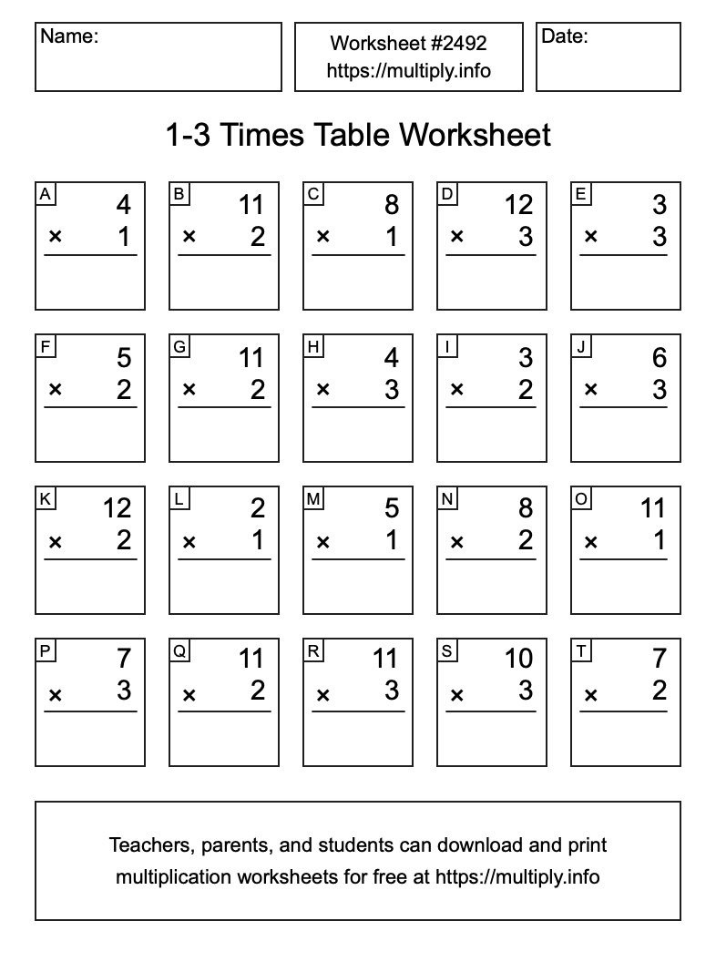 1 to 3 Times Table Worksheet #2492