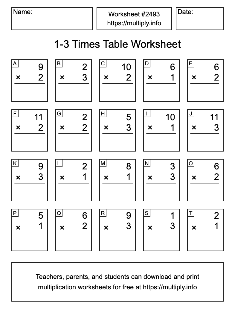 1 to 3 Times Table Worksheet #2493