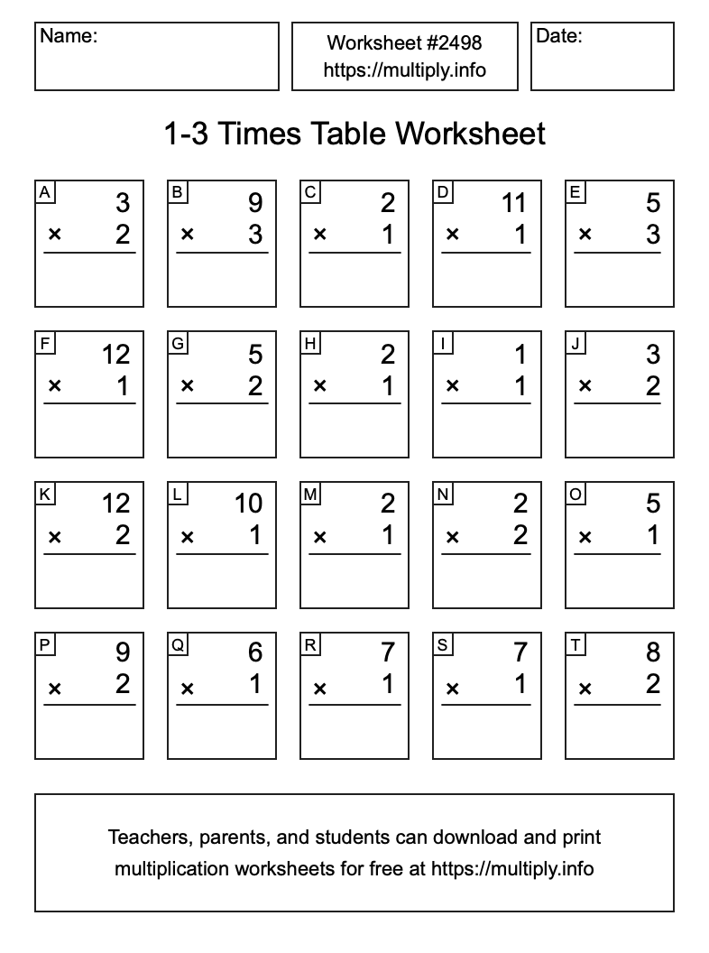 1 to 3 Times Table Worksheet #2498