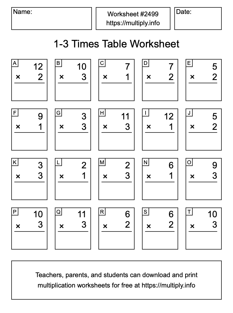 1 to 3 Times Table Worksheet #2499