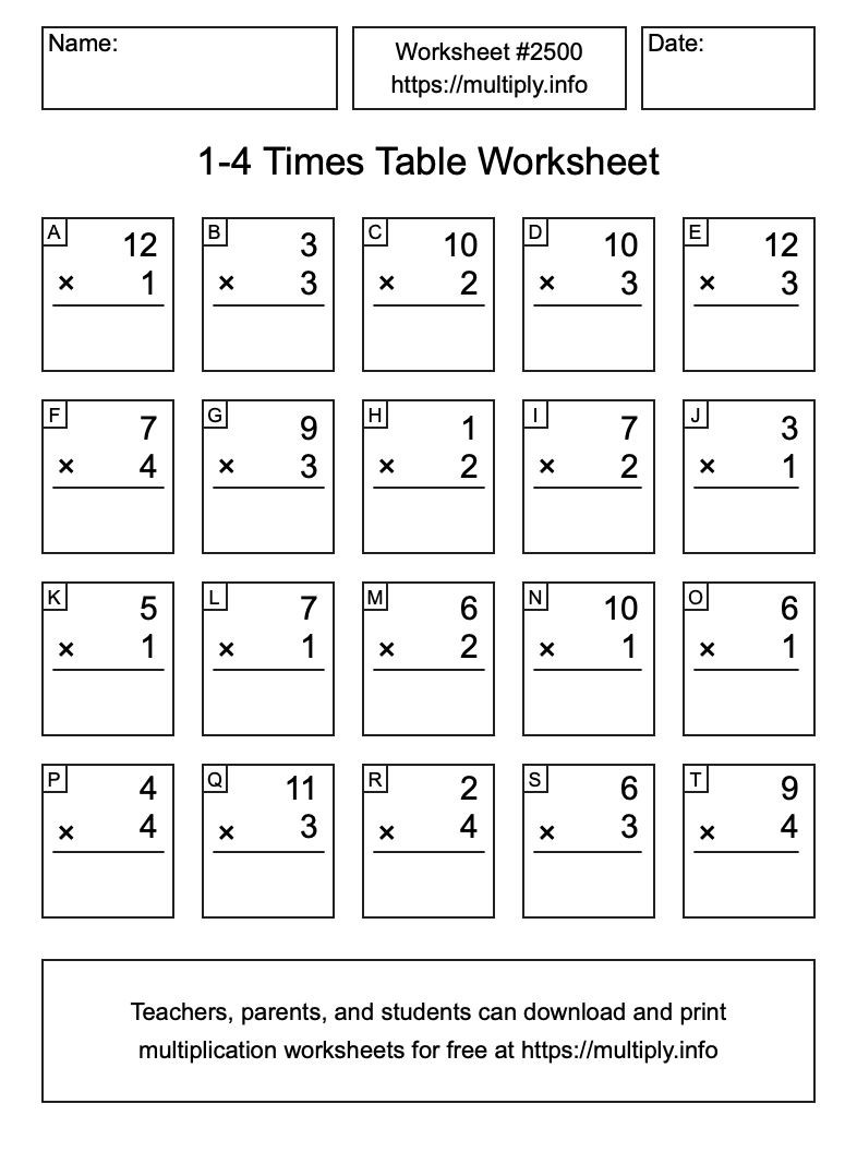 1 to 4 Times Table Worksheet #2500