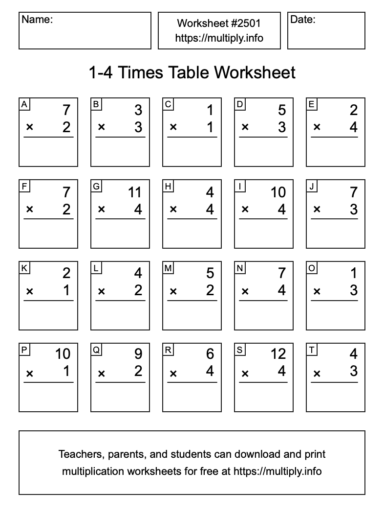 1 to 4 Times Table Worksheet #2501